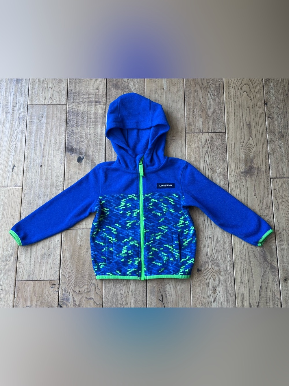 Lands’ End Blue and Green Hooded Fleece Jacket size 2T